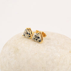 Dalmation Jasper Hexagon Studs Earrings, 10mm Triangle Shape Gemstone Studs, 925 Silver Studs For Christmas Gifts, 18k Gold Plated Studs