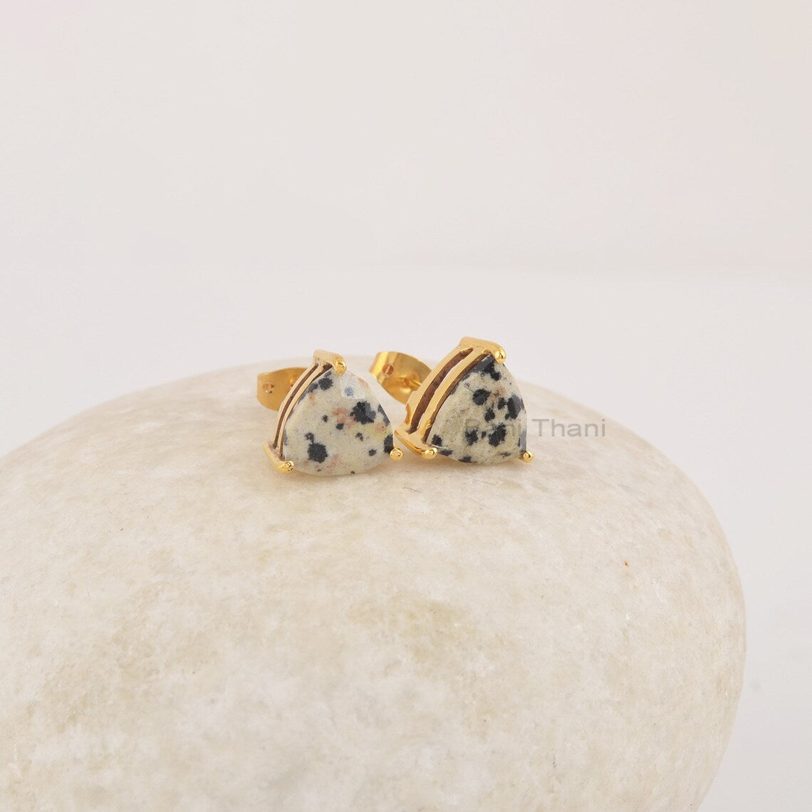 Dalmation Jasper Hexagon Studs Earrings, 10mm Triangle Shape Gemstone Studs, 925 Silver Studs For Christmas Gifts, 18k Gold Plated Studs