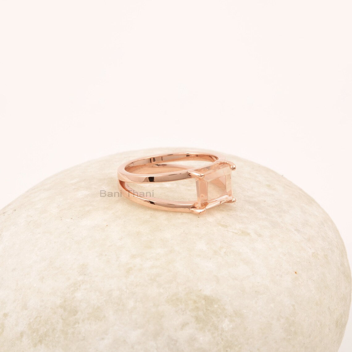 Double Band Morganite Dainty Silver Ring, 7x9mm Rectangle Gemstone Ring, Rose Gold Plated 925 Silver Ring, Handcraft Jewelry