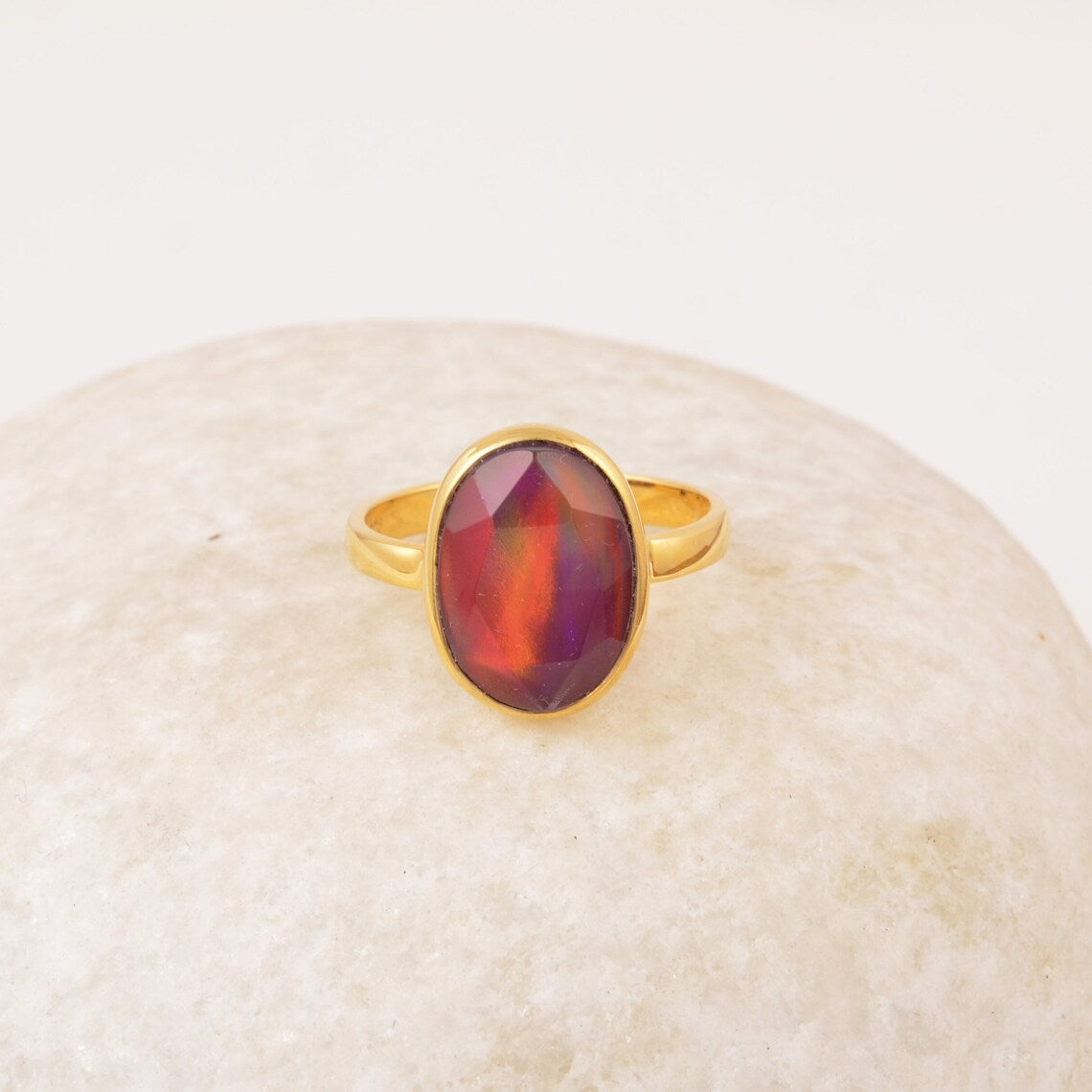 Red Aurora Opal Ring, 10x14mm Oval Shape Gemstone Ring, Boho 925 Sterling Silver Ring, Dainty 18k Gold Plated Rings Jewelry For Women