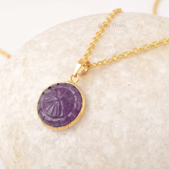 Natural Amethyst Round Engraved Gemstone 925 Silver Flower Necklace, 18k Gold Plated Handmade Pendant Necklace, Birthstone Necklace Jewelry