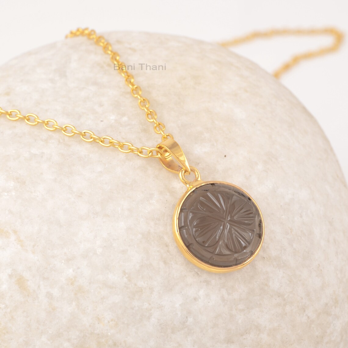 Smoky Quartz Round Silver Pendant Necklace, 15mm Round Engraved Gemstone Gold Necklace, 925 Silver Gold Plated Necklace For Gifts