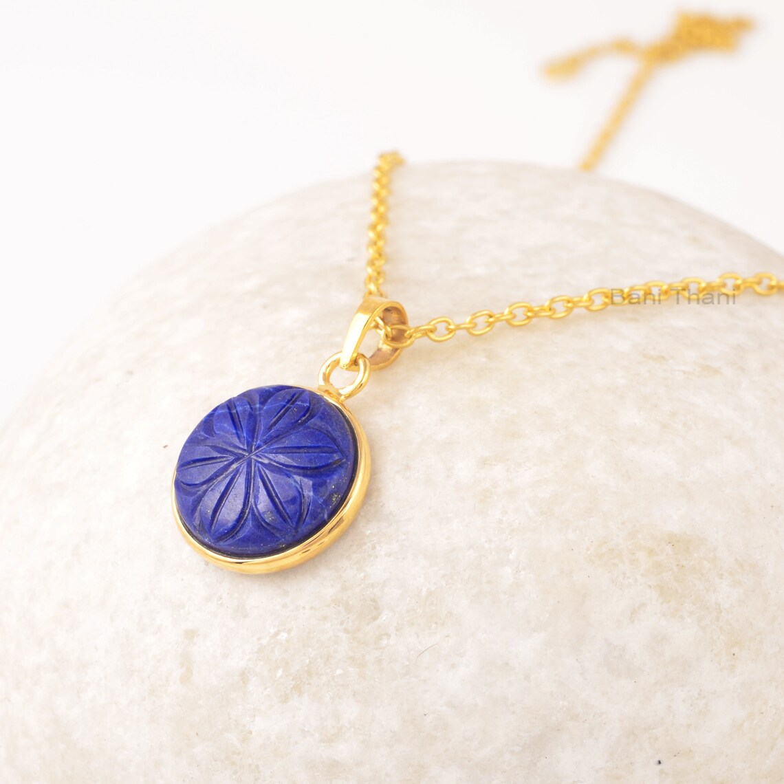 Natural Lapis Lazuli Flower Pendant Necklace, 15mm Round Engraved Gemstone Pendant Necklace, Gold Plated Sterling Silver Necklace For Her