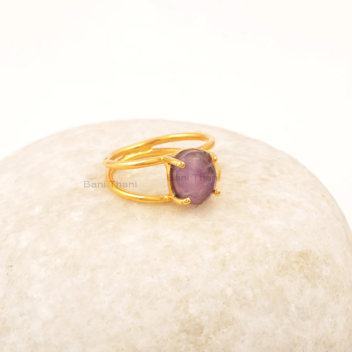 Amethyst Oval Gemstone Silver Ring, Sterling Silver 18k Gold Plated Ring, Double Band Gold Minimalist Ring, Handmade Ring Jewelry