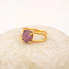 Amethyst Oval Gemstone Silver Ring, Sterling Silver 18k Gold Plated Ring, Double Band Gold Minimalist Ring, Handmade Ring Jewelry