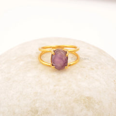 Amethyst Oval Gemstone Silver Ring, Sterling Silver 18k Gold Plated Ring, Double Band Gold Minimalist Ring, Handmade Ring Jewelry