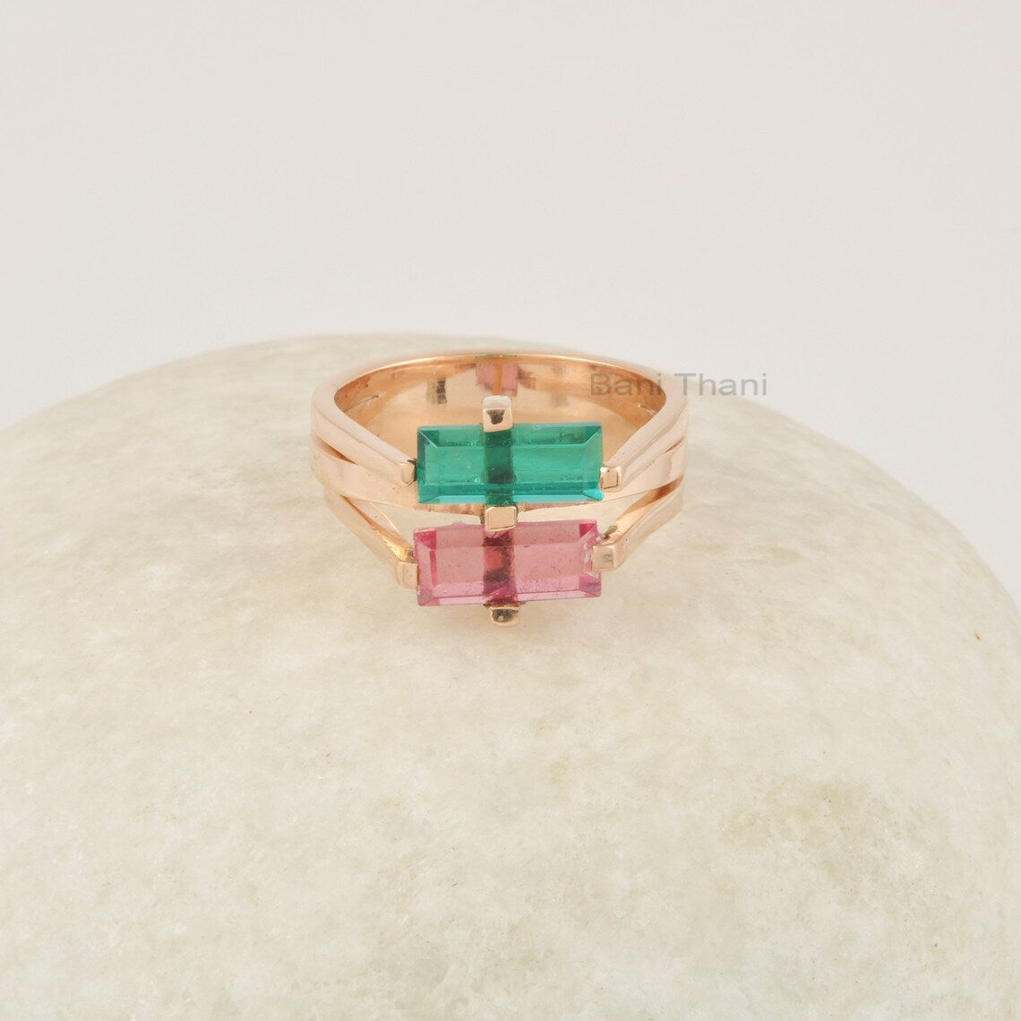 Pink Tourmaline Ring, Multi Gemstone Silver Ring, 925 Silver 18k Gold Plated Band Ring, Dual Band Teal Quartz Ring, Handmade Rings