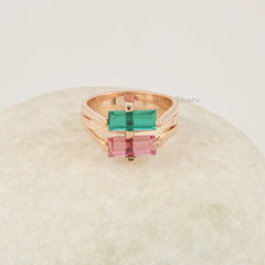 Pink Tourmaline Ring, Multi Gemstone Silver Ring, 925 Silver 18k Gold Plated Band Ring, Dual Band Teal Quartz Ring, Handmade Rings