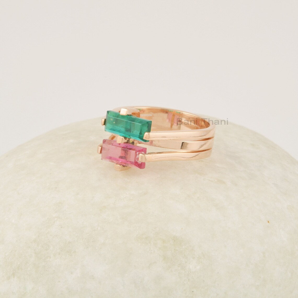 Pink Tourmaline Ring, Multi Gemstone Silver Ring, 925 Silver 18k Gold Plated Band Ring, Dual Band Teal Quartz Ring, Handmade Rings