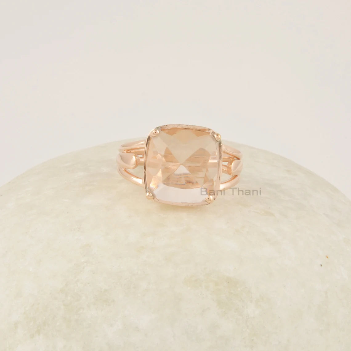 Morganite Ring, 12mm Cushion Shape Gemstone Ring, 925 Sterling Silver 18k Gold Plated Ring, Pink Morganite Engagement Ring, Promise Ring