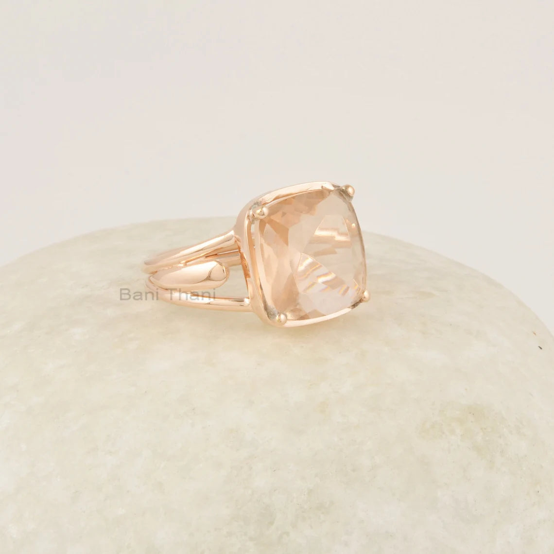 Morganite Ring, 12mm Cushion Shape Gemstone Ring, 925 Sterling Silver 18k Gold Plated Ring, Pink Morganite Engagement Ring, Promise Ring