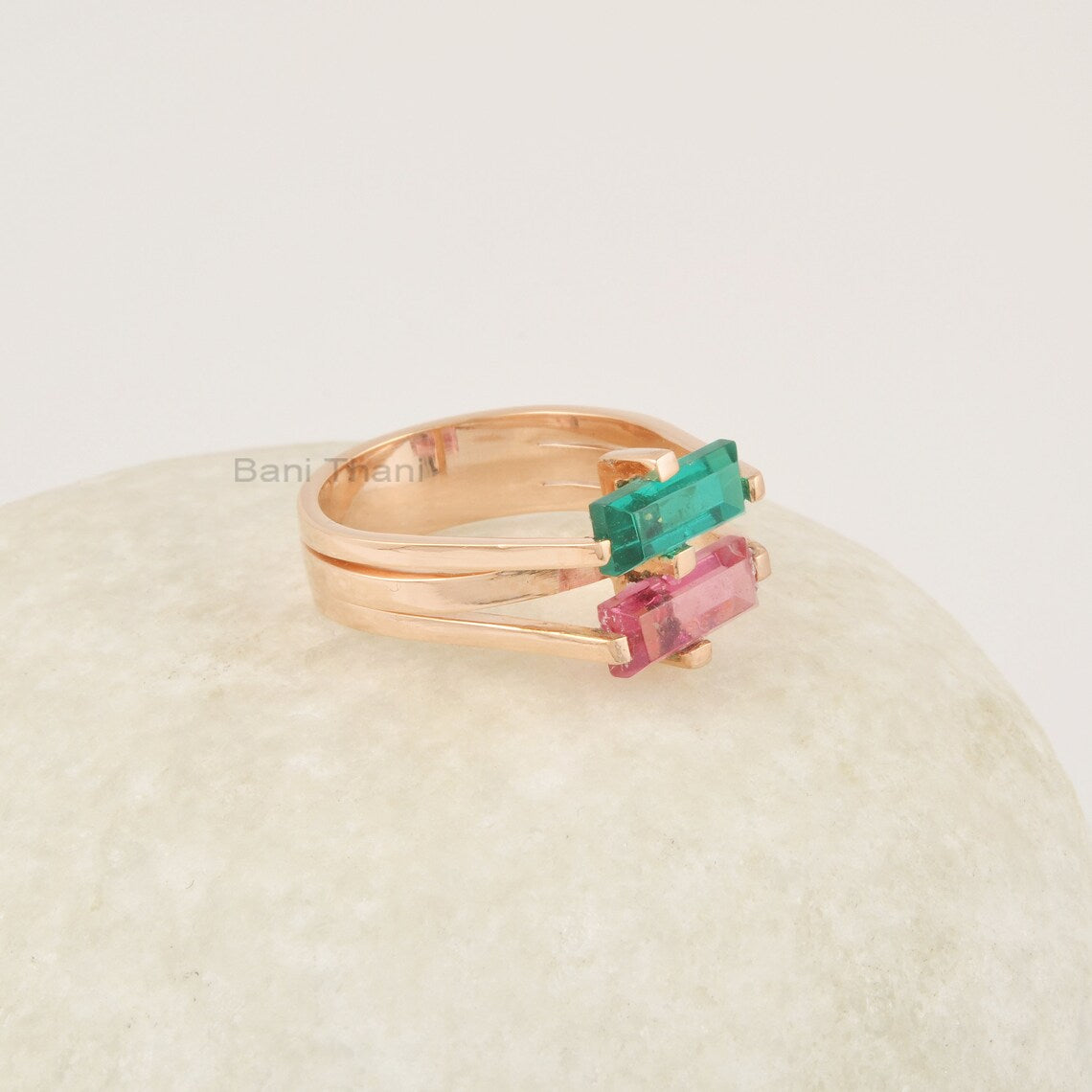 Pink Tourmaline Ring, Multi Gemstone Silver Ring, 925 Silver 18k Gold Plated Band Ring, Dual Band Teal Quartz Ring, Handmade Rings