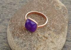 Chalcedony Rose Ring, Amethyst Chalcedony 10mm Cushion Gemstone Ring, Rose Plated 925 Sterling Silver Bezel Ring, Amethyst Rose Gift Ring