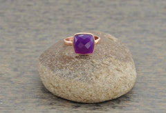 Chalcedony Rose Ring, Amethyst Chalcedony 10mm Cushion Gemstone Ring, Rose Plated 925 Sterling Silver Bezel Ring, Amethyst Rose Gift Ring