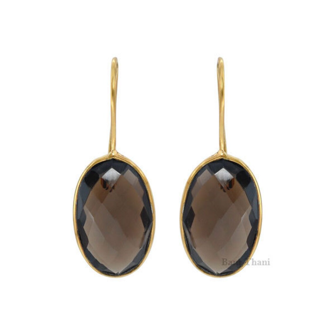 Smoky Quartz Earrings, Smoky Quartz 12x20mm Faceted Oval Gemstone Earrings, 18k Gold Plated Quartz Earrings, 925 Silver Dangle Earrings