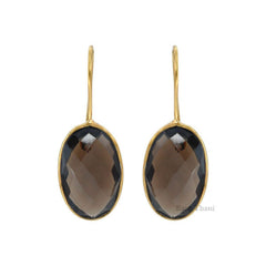 Smoky Quartz Earrings, Smoky Quartz 12x20mm Faceted Oval Gemstone Earrings, 18k Gold Plated Quartz Earrings, 925 Silver Dangle Earrings