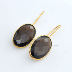 Smoky Quartz Earrings, Smoky Quartz 12x20mm Faceted Oval Gemstone Earrings, 18k Gold Plated Quartz Earrings, 925 Silver Dangle Earrings