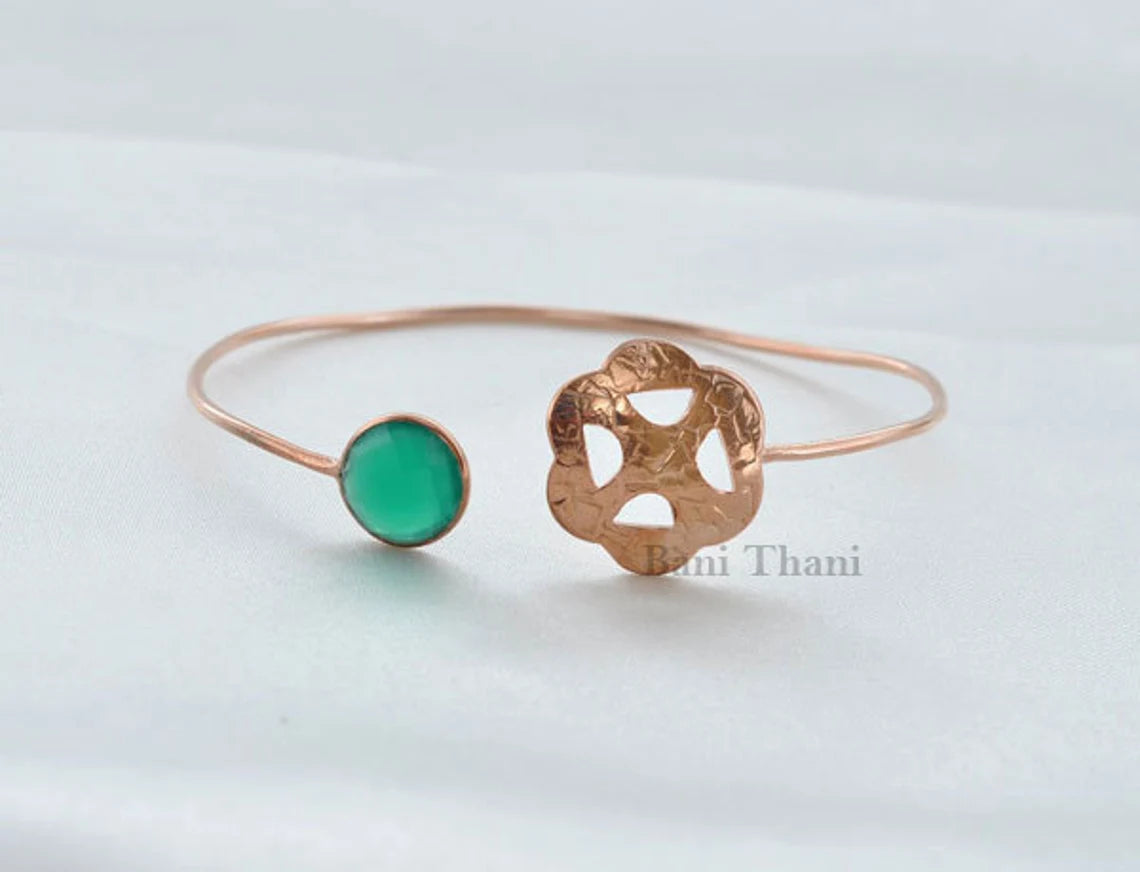 Green Onyx 10mm Hand Cut Textured Rose Gold 925 Sterling Silver Bangle