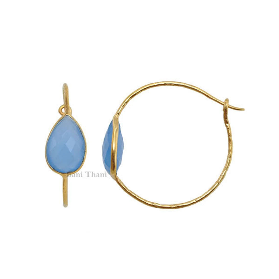 Blue Chalcedony 10mm x 14mm Micron Gold Plated Hammered 925 Sterling Silver Hoop Earrings