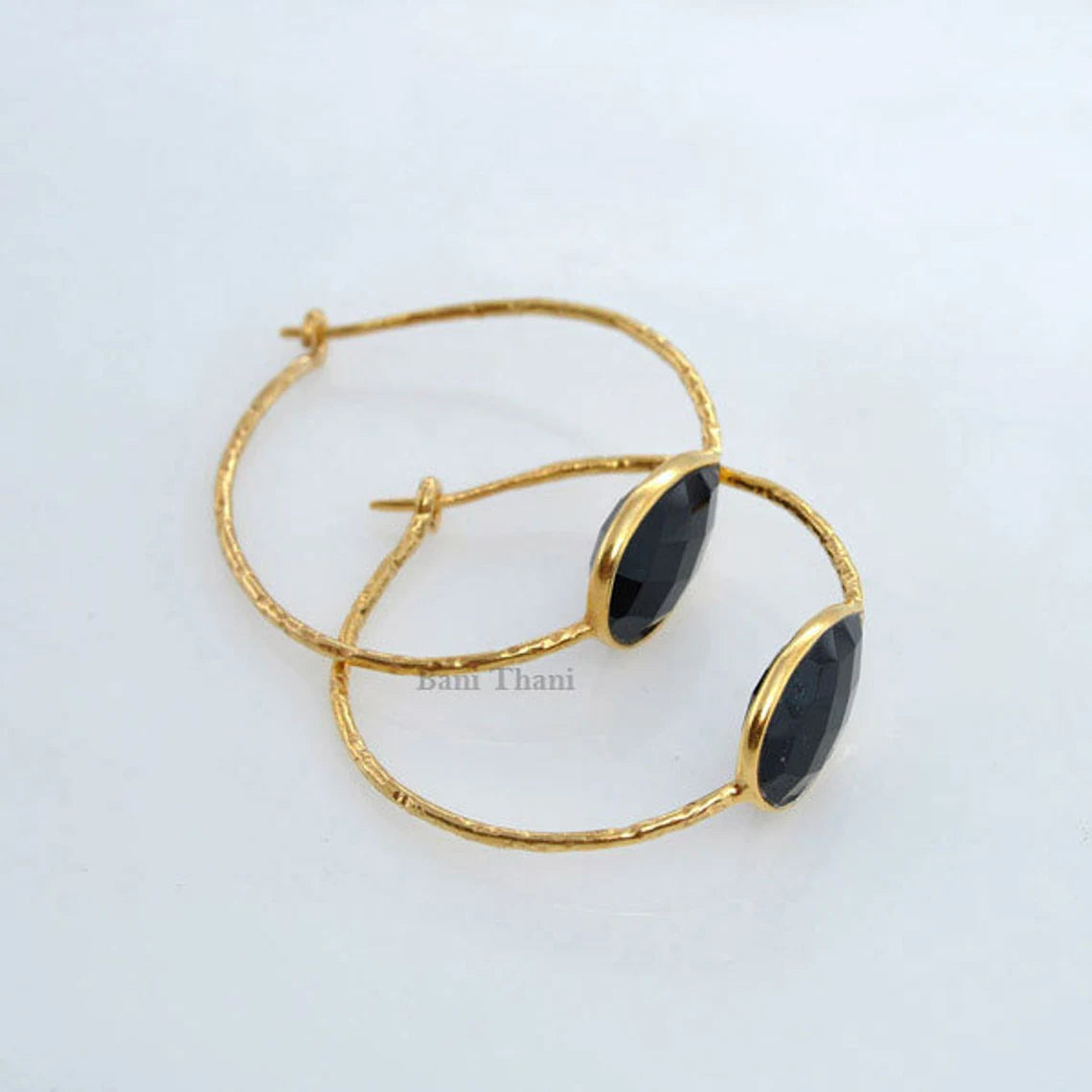 Onyx Hoop Earrings, Black Onyx 10x14mm Pear Gemstone Earrings, 18k Gold Plated Sterling Silver Hoop Earring, Christmas Gift, Vintage Earring