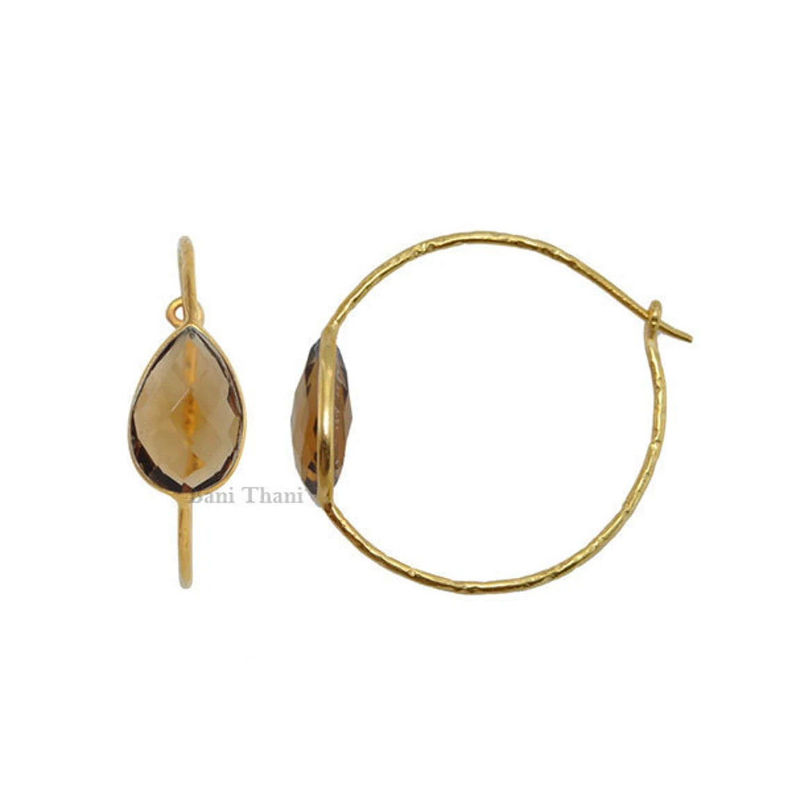 Champagne Quartz Micron Gold Plated Hammered 925 Sterling Silver Hoop Earring, 10x14mm