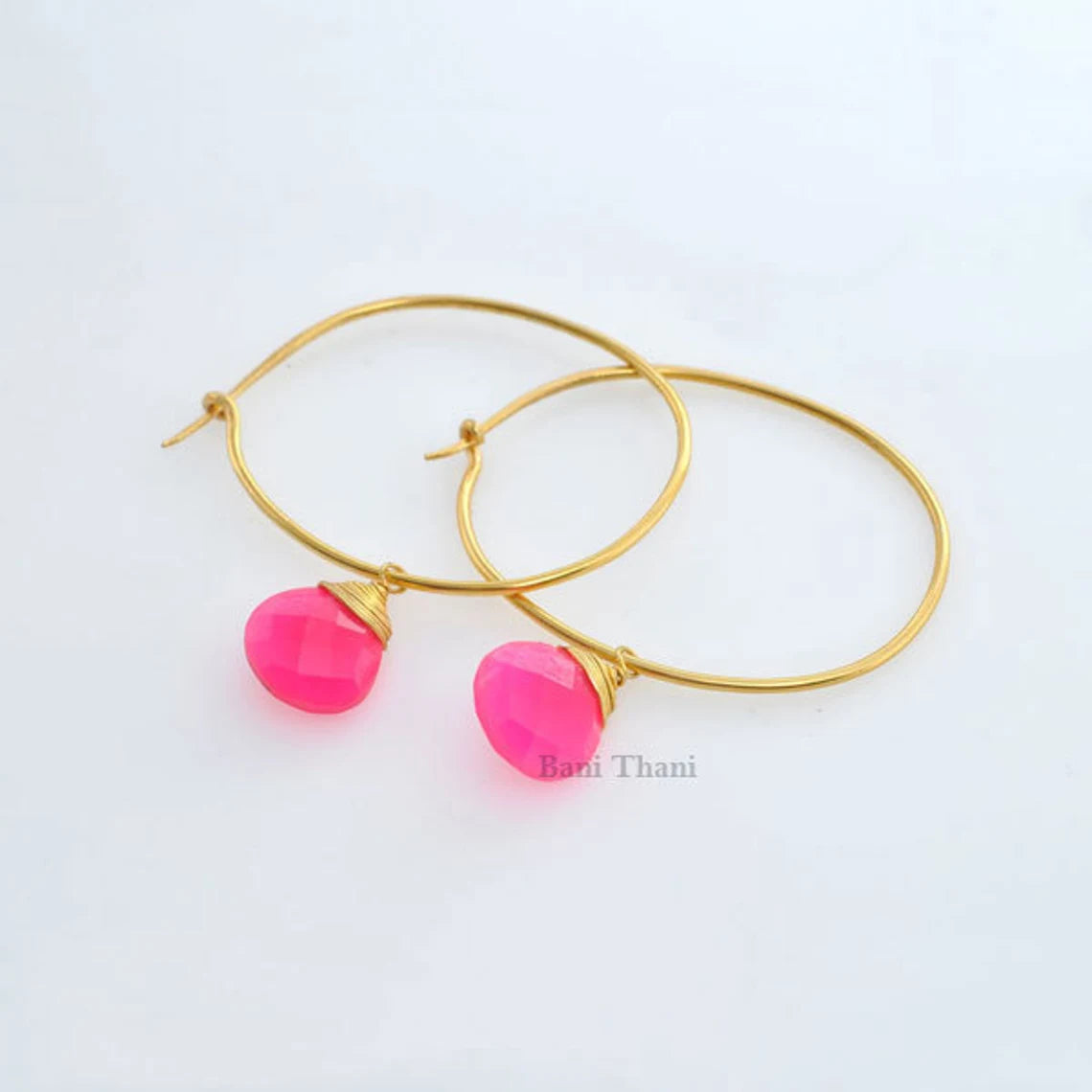 Hot Pink Chalcedony 12mm Micron Gold Plated 925 Sterling Silver Hoop Earrings