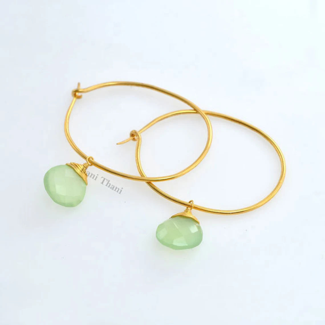 Green Chalcedony 12mm Heart Gemstone Earrings, Micron Gold Plated 925 Sterling Silver Hoop Earrings, Delicate Earring, Birthday Gift Earring