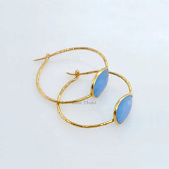 Blue Chalcedony 10mm x 14mm Micron Gold Plated Hammered 925 Sterling Silver Hoop Earrings