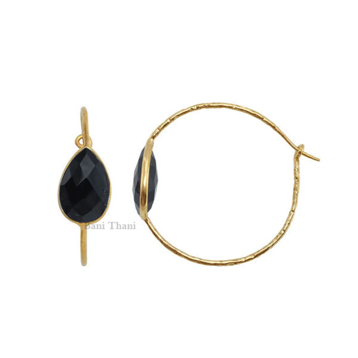 Onyx Hoop Earrings, Black Onyx 10x14mm Pear Gemstone Earrings, 18k Gold Plated Sterling Silver Hoop Earring, Christmas Gift, Vintage Earring