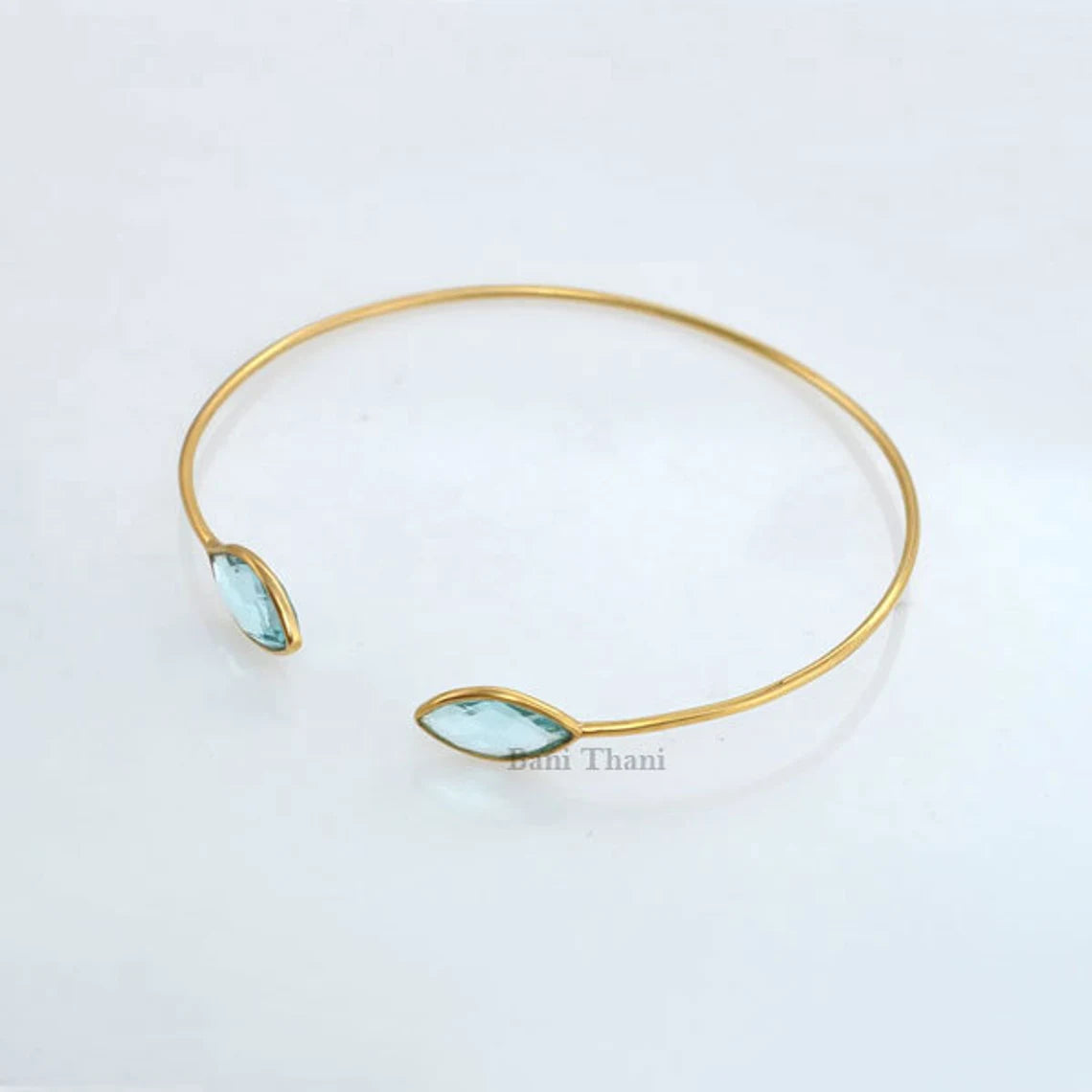 Aqua Quartz Bracelet - 925 Pure Silver - 7x14mm Marquise - Gold Plated Bangle - Trendy Jewelry - Gift For Summer - Jewelry For Ladies