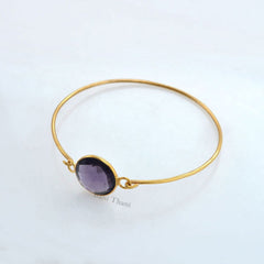 Amethyst Bracelet, Amethyst Quartz 15mm Round Gemstone Bangle, 925 Silver Bracelet, 18k Gold Plated Quartz Bangle, Purple Stone Bracelet