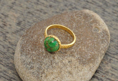 Hammered Ring Jewelry, Copper Green Turquoise 10mm Round Micron Gold Plated 925 Sterling Silver Ring