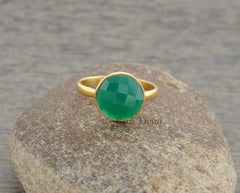 Green Onyx Vintage Ring, Green Onyx 10mm Round Gemstone Silver Bezel Ring, 925 Silver Gold Plated Statement Ring, Green Onyx Cocktail Ring