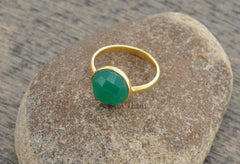 Green Onyx Vintage Ring, Green Onyx 10mm Round Gemstone Silver Bezel Ring, 925 Silver Gold Plated Statement Ring, Green Onyx Cocktail Ring