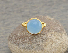Blue Chalcedony Round 10mm Micron Gold Plated 925 Sterling Silver Ring, Twisted Ring Jewelry For Women, Beautiful Designer Ring For Girls