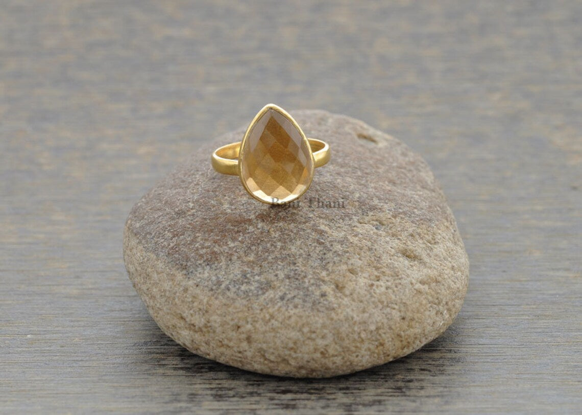 Champagne Quartz Gemstone Silver Ring - Gold Plated 925 Sterling Silver Handmade Ring for Women - 10x14mm Pear Gemstone Ring - Gift for Her