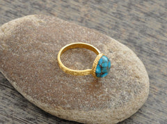 Blue Copper Turquoise Round Gemstone Ring - Gold Plated 925 Sterling Silver Ring - Textured Rings for Women - Ring for Girls - Gift for Her