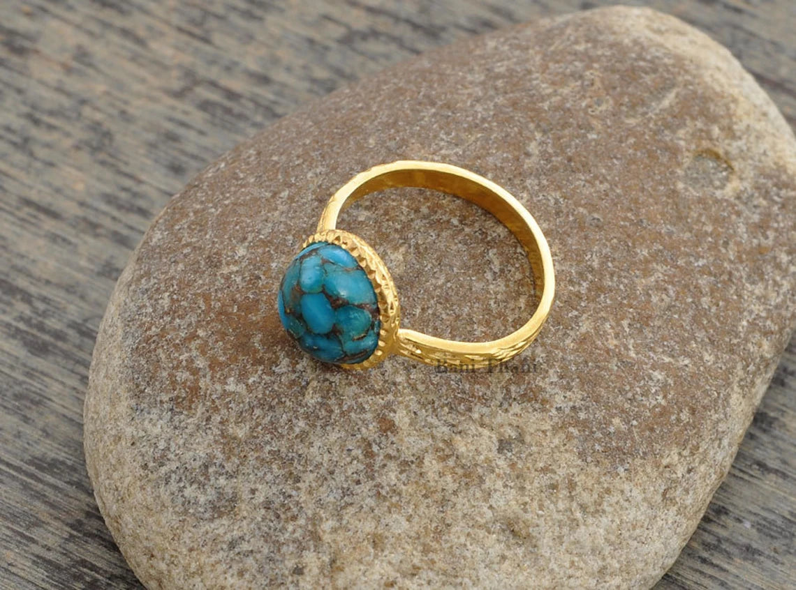 Blue Copper Turquoise Round Gemstone Ring - Gold Plated 925 Sterling Silver Ring - Textured Rings for Women - Ring for Girls - Gift for Her