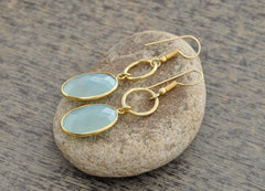 Aqua Chalcedony Beautiful Oval Faceted Micron Gold Plated 925 Sterling Silver Dangle Earring, 14x18mm