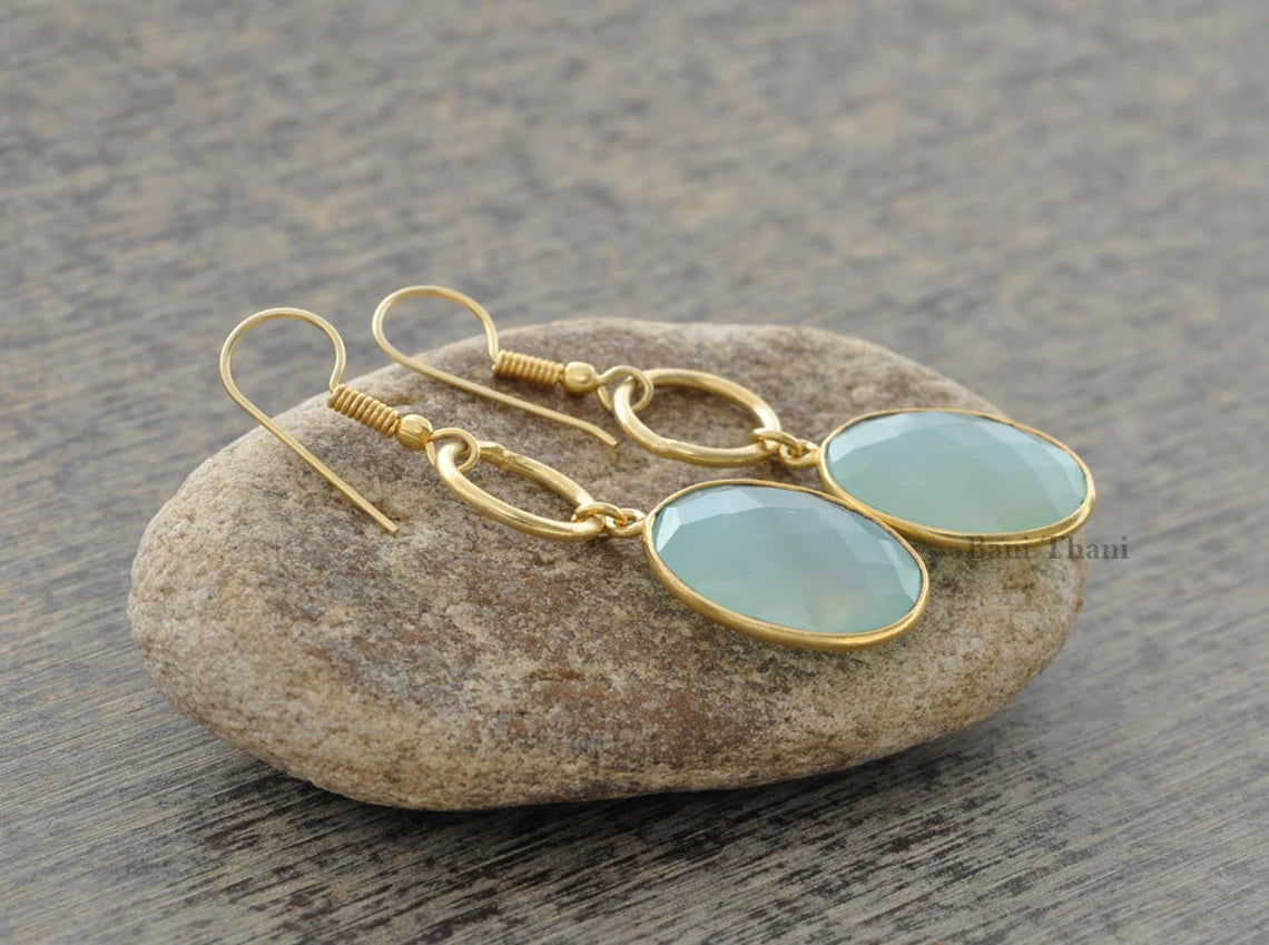 Aqua Chalcedony Beautiful Oval Faceted Micron Gold Plated 925 Sterling Silver Dangle Earring, 14x18mm