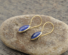 Lapis Lazuli Round 12mm Gemstone Drop Earrings, Micron Gold Plated 925 Sterling Silver Dangle Earrings, Wedding Gift For Her, Hook Earrings