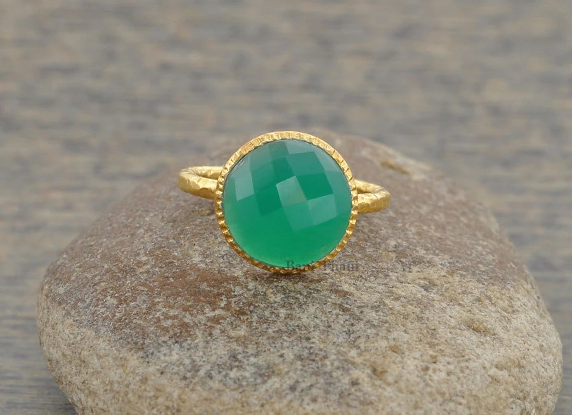 Green Onyx Gemstone Ring, Green Onyx Beautiful Round 10mm Micron Gold Plated 925 Sterling Silver Gemstone Ring, Twisted Designer Ring