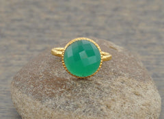 Green Onyx Gemstone Ring, Green Onyx Beautiful Round 10mm Micron Gold Plated 925 Sterling Silver Gemstone Ring, Twisted Designer Ring