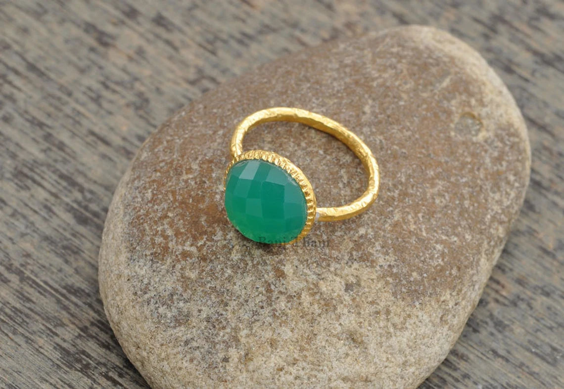 Green Onyx Gemstone Ring, Green Onyx Beautiful Round 10mm Micron Gold Plated 925 Sterling Silver Gemstone Ring, Twisted Designer Ring