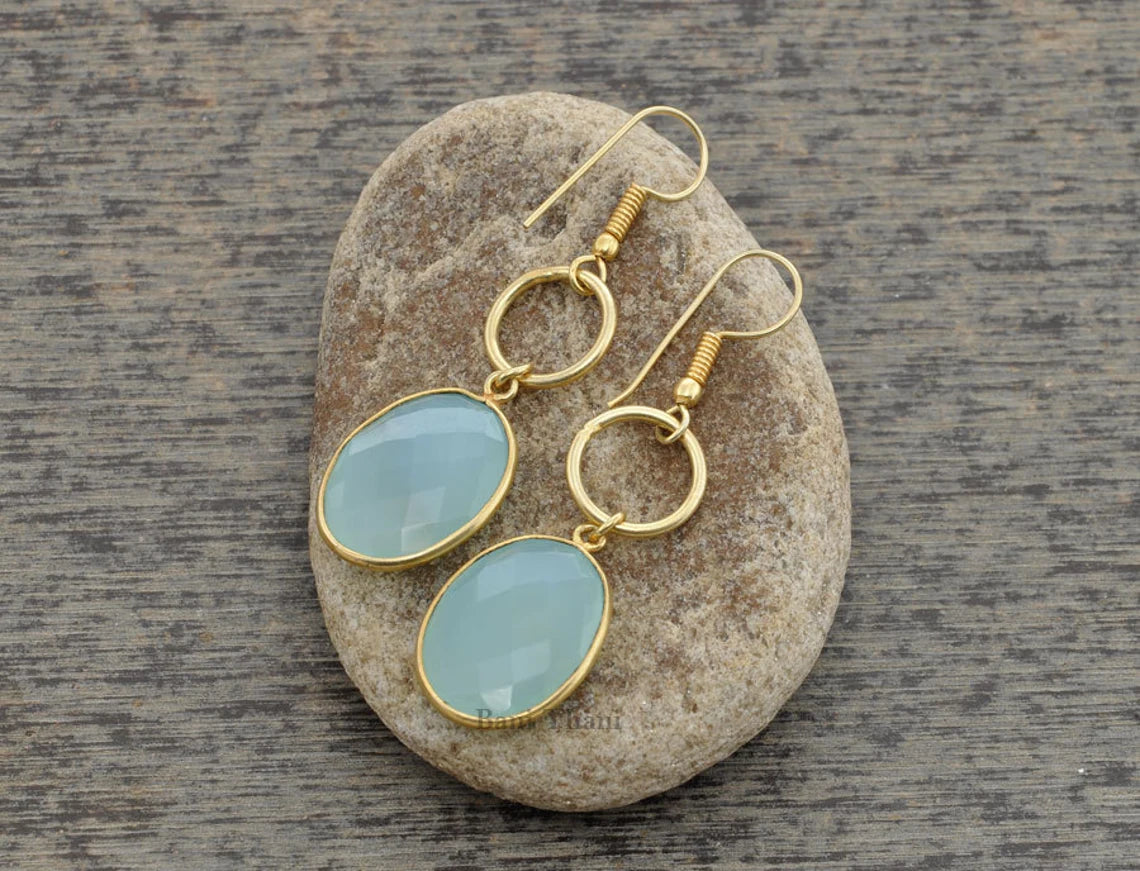 Aqua Chalcedony Beautiful Oval Faceted Micron Gold Plated 925 Sterling Silver Dangle Earring, 14x18mm