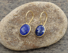 Lapis Lazuli Round 12mm Gemstone Drop Earrings, Micron Gold Plated 925 Sterling Silver Dangle Earrings, Wedding Gift For Her, Hook Earrings