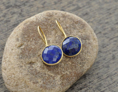 Lapis Lazuli Round 12mm Gemstone Drop Earrings, Micron Gold Plated 925 Sterling Silver Dangle Earrings, Wedding Gift For Her, Hook Earrings