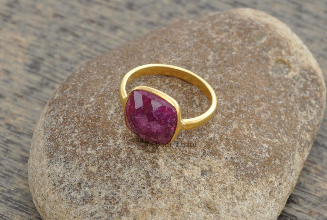 Ruby Ring, Ruby 10mm Cushion Shape Faceted Gemstone Silver Ring, 18k Gold Plated Ruby Ring, 925 Sterling Silver Bezel Ring, Gemstone Jewelry