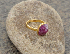 Ruby Ring, Ruby 10mm Cushion Shape Faceted Gemstone Silver Ring, 18k Gold Plated Ruby Ring, 925 Sterling Silver Bezel Ring, Gemstone Jewelry