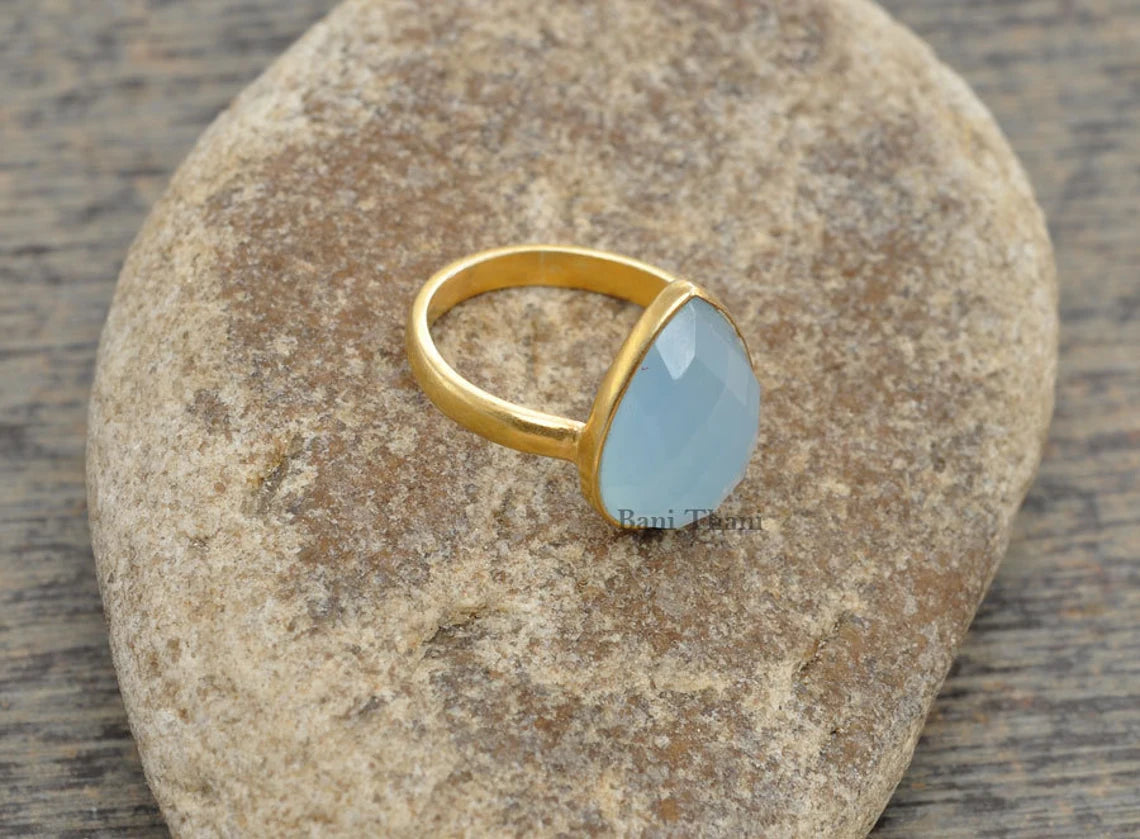 Natural Blue Chalcedony Ring - Gold Plated Promise Ring - 925 Sterling Silver Gemstone Ring - Jewelry for Wife - Vintage Ring - Gift for Her